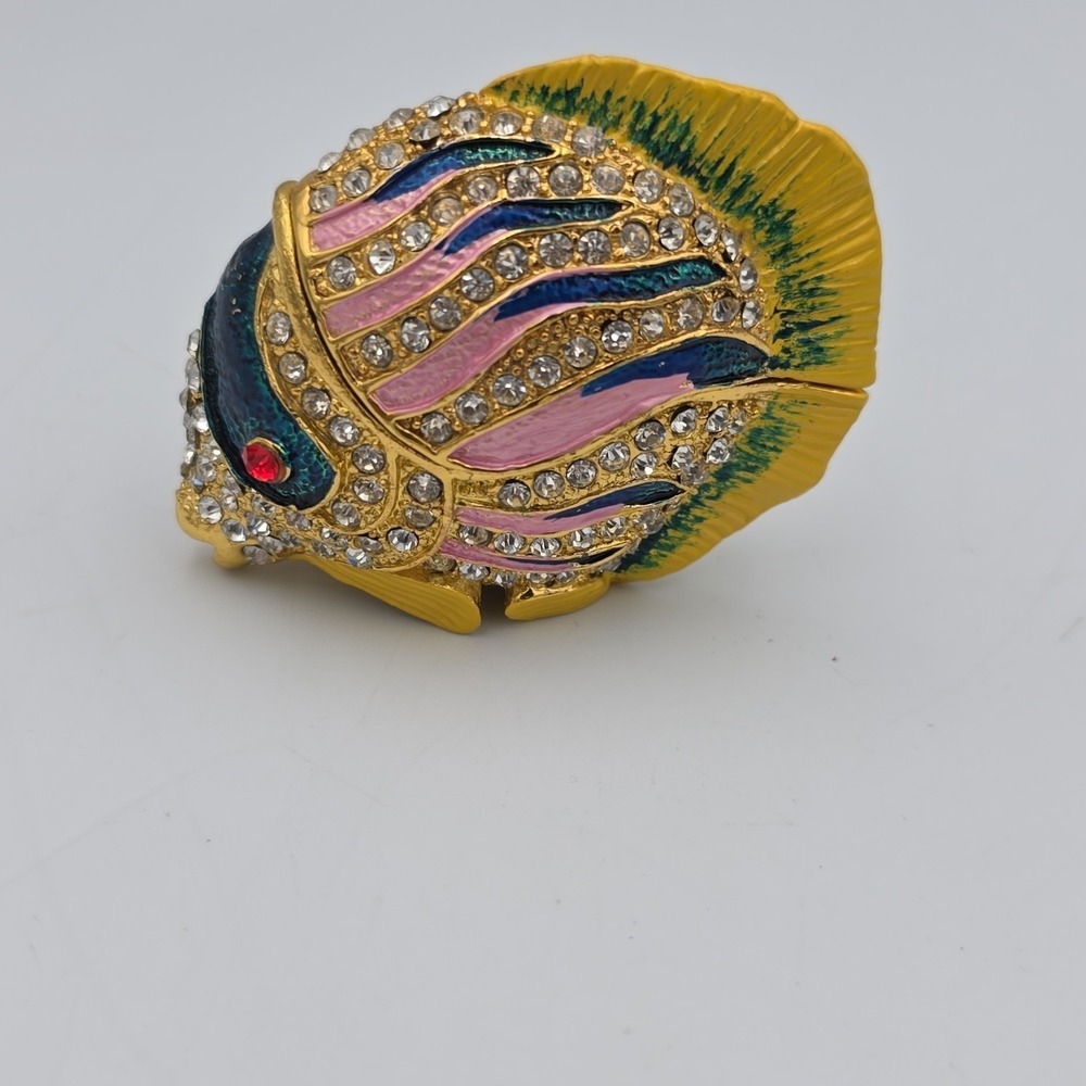 Vintage Colorful Puffer Fish Trinket Box Metal Enamel White Stone